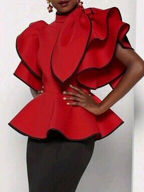Asymmetrical Ruffle Hem Fitted Top For Women Summer Red